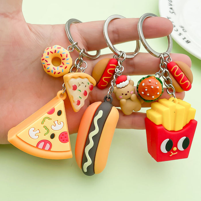 Wholesale Burger fries pizza keychain pendant creative soft rubber food toy pendant bag hanging decoration small gift