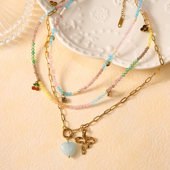 Wholesale Personalized stainless steel cherry necklace with bow pendant, natural stone heart necklace wholesale