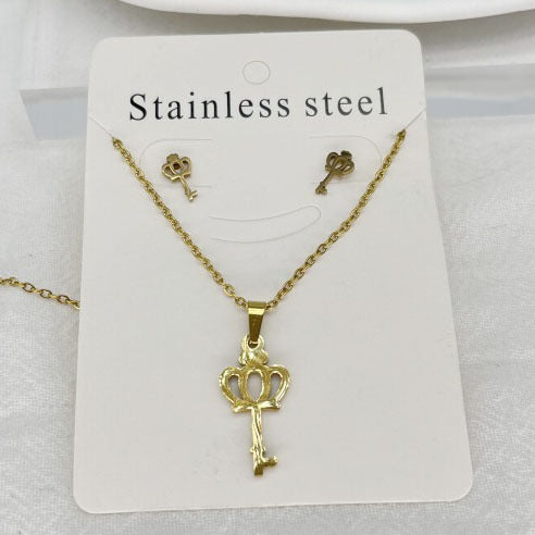Wholesale Crown Key Necklace Earring Set Accessories Polishing Pendant Jewelry