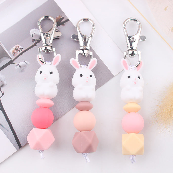 Wholesale Santa Cartoon 3D Little White Rabbit Silicone Bead Keychain JDC-KC-GuangTian034