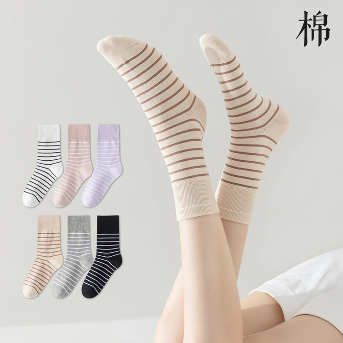 Wholesale Socks made of pure cotton with white stripes, women's sweat absorbing long tube, women's cotton socks