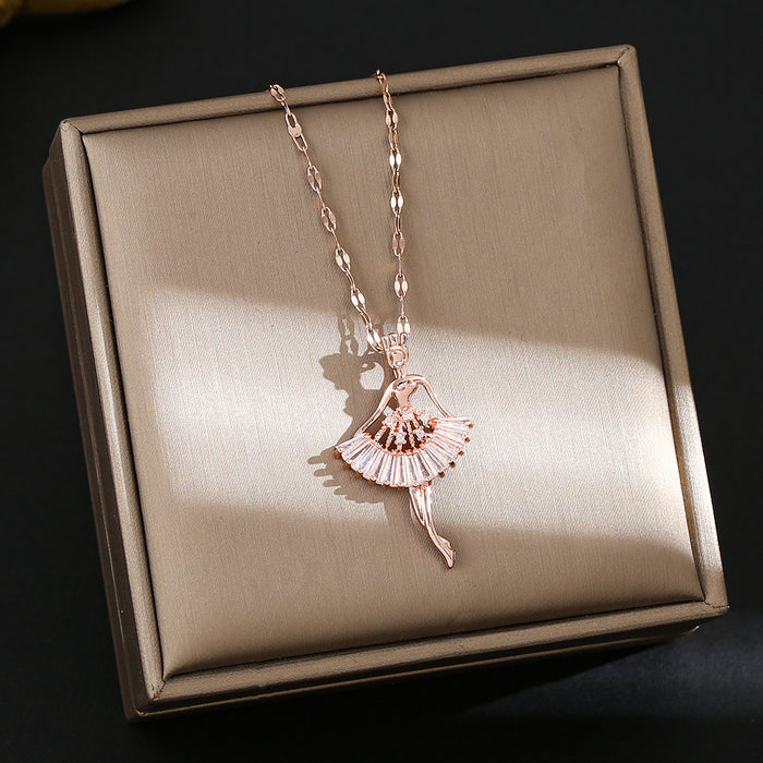 Wholesale Micro-painted zircon ballerina pendant necklace in titanium steel