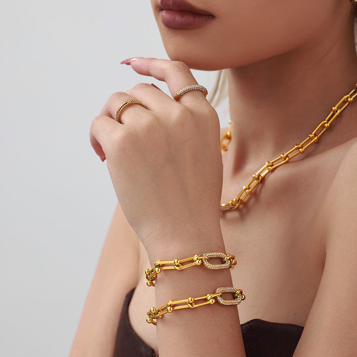 Wholesale Square Sugar Stainless Steel Gold Plated Horseshoe Buckle Zircon Necklace Bracelet Jewelry Set for Female Heavy Industry