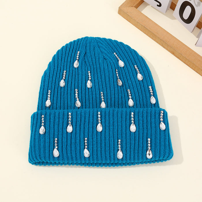 Wholesale Pearl sparkling diamond knitted hat,  double-layer outdoor warm woolen hat