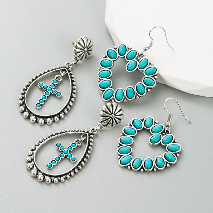 Wholesale Openwork heart and cross turquoise statement earrings