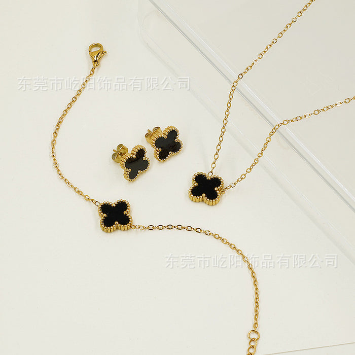 Wholesale Titanium Steel 18k Double Sided Lucky Four Leaf Clover Necklace Bracelet Earring Set JDC-NE-YiYang002