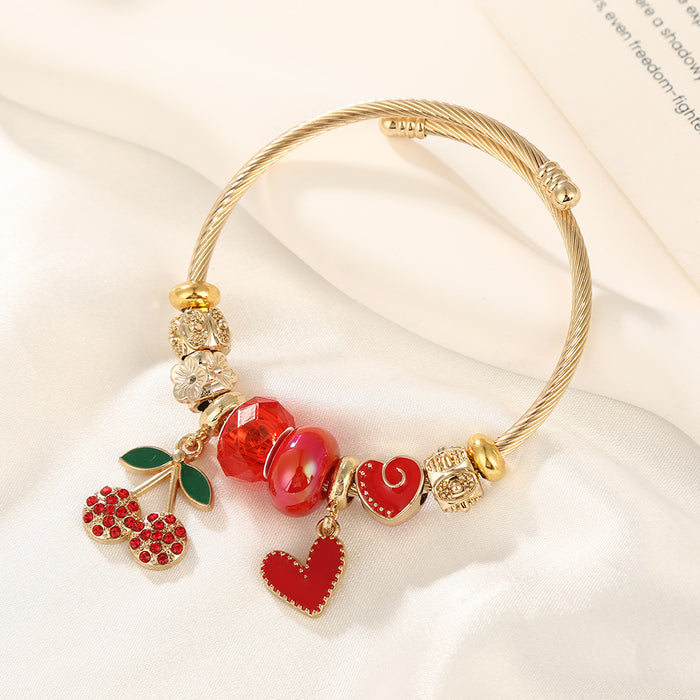 Wholesale Sweet Cherry Heart Bead Bracelet Women' s Stainless Steel Adjustable MOQ≥2