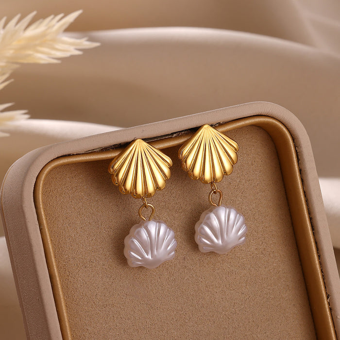 Wholesale Stainless Steel Ocean Series Shell Pearl Pendant Earrings Niche Jewelry