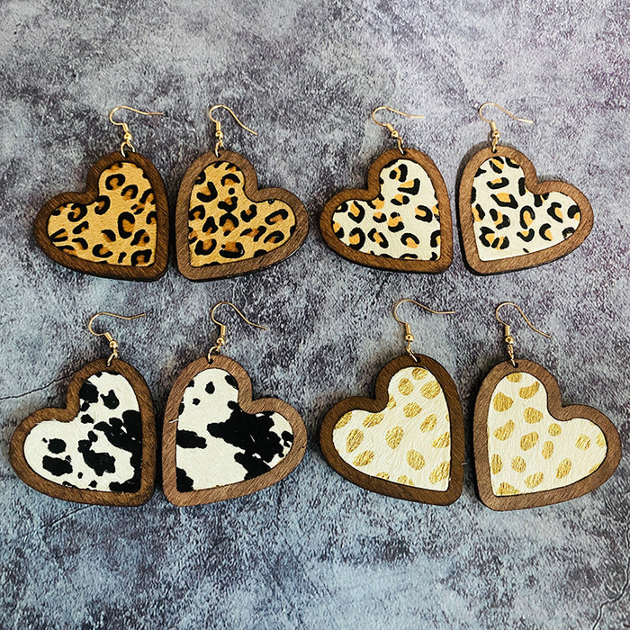 Wholesale  Valentine' s Day Genuine Leather Earrings Love Leopard Horse Hair Inlaid Wooden Earrings