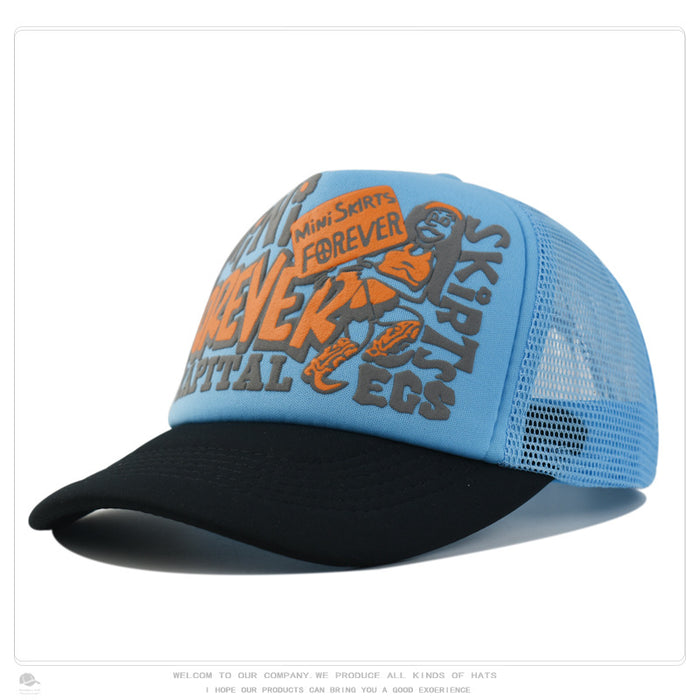 Wholesale Hip-hop printed letter baseball cap visor color-blocked street mesh trucker hat
