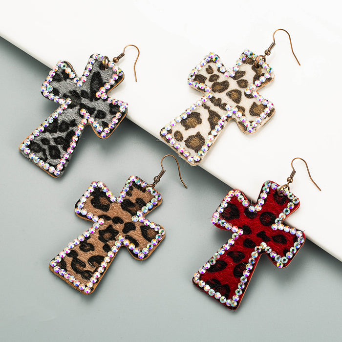 Wholesale Cross Shape Double Sided Printed Leopard Earrings JDC-ES-Hem004