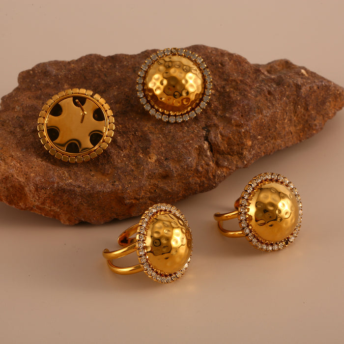 Wholesale Fashionable stainless steel texture earrings with zircon half circle earrings and ring set color preservation wholesale