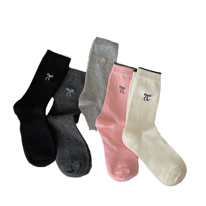 Wholesale Color blocked embroidery bow pile socks