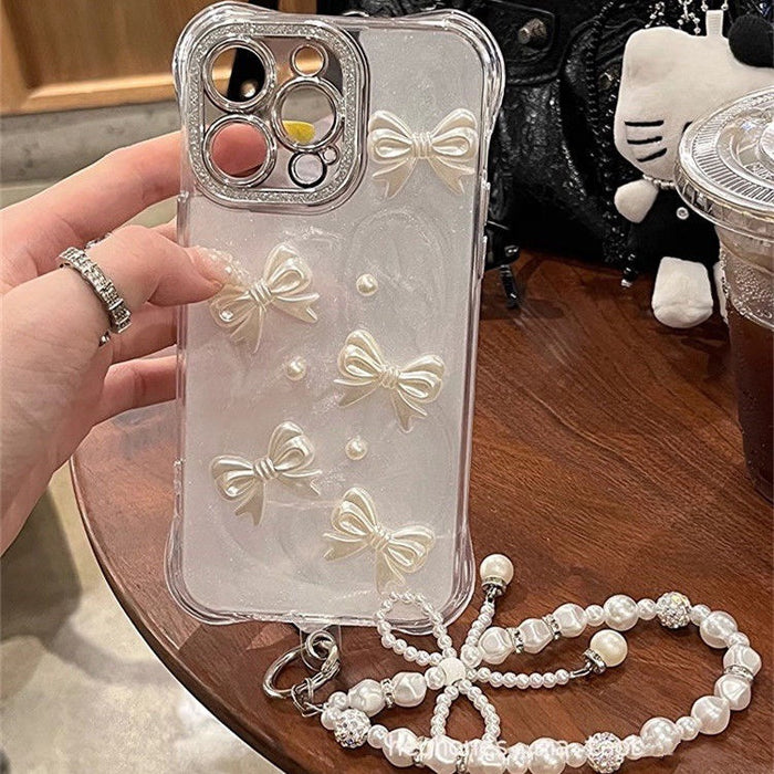 Wholesale Diamond-encrusted Pearl Bow Keychain  Chain Beaded Mobile Phone Pendant