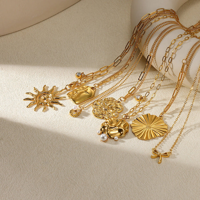 Wholesale Sunflower Pendant Necklace Imitation Pearl Shell Stainless Steel Clavicle Chain