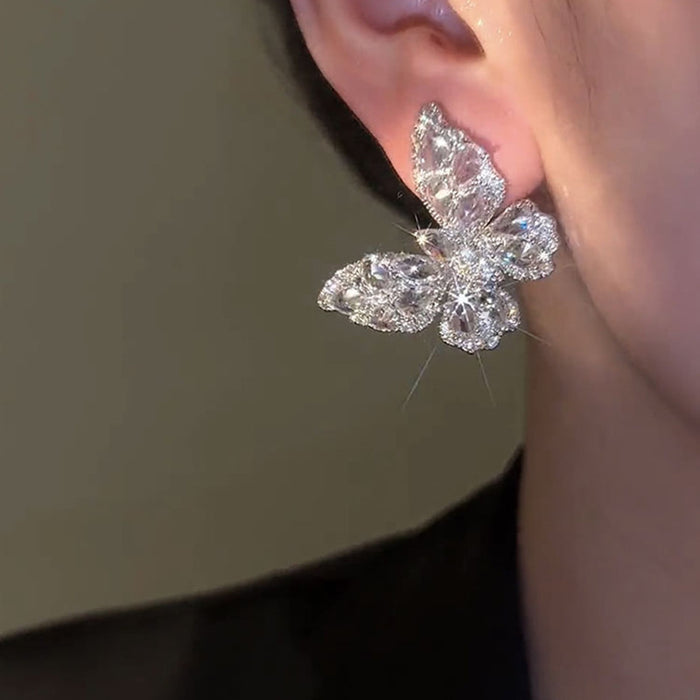 Wholesale Silver Needle Set Diamond Zircon Butterfly Earrings JDC-ES-HuiHe005