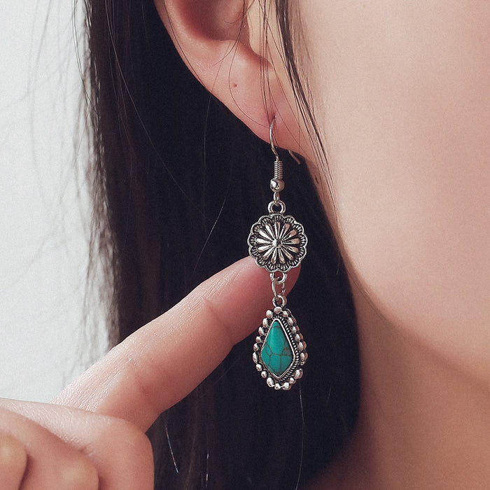 Wholesale earrings Bohemian vintage carved turquoise long earrings earrings