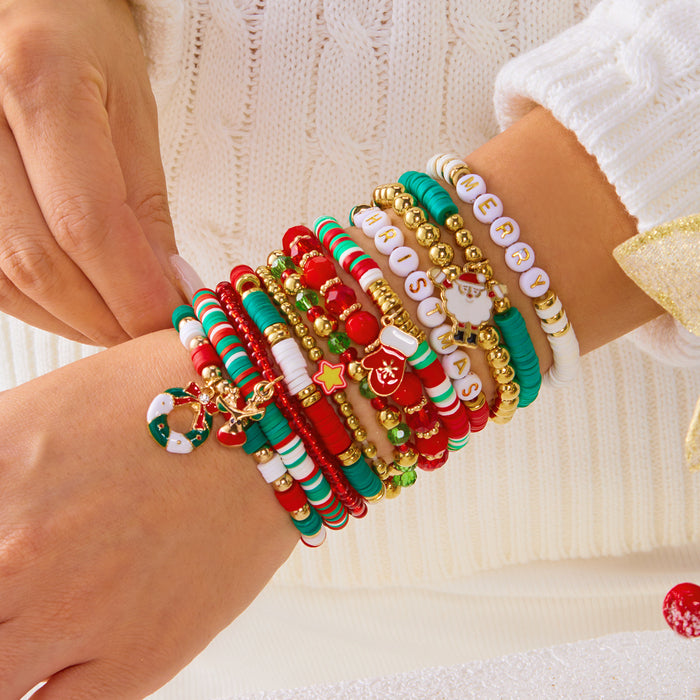 Wholesale Multi-layer stacking Christmas bracelet set personalized colorful polymer clay crystal elastic rope holiday bracelet