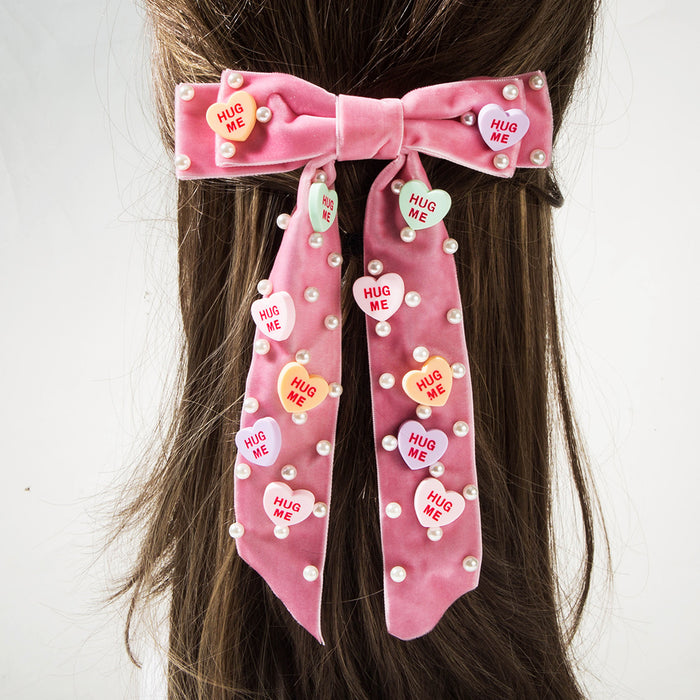 Wholesale Flocked Pearl-Inlaid Spring Heart Letter Hair Clip