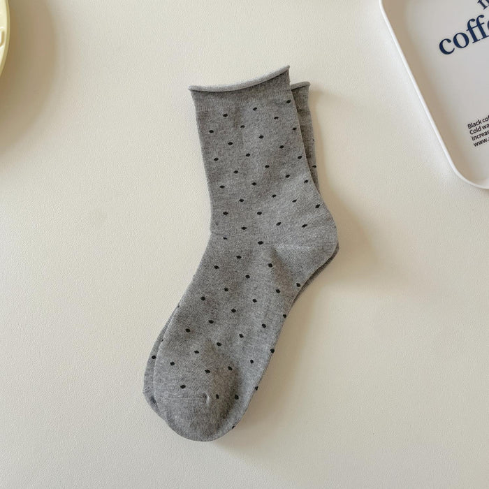 Wholesale Curled edge polka dot socks, mid tube socks, simple pile socks, sweat absorbing long socks