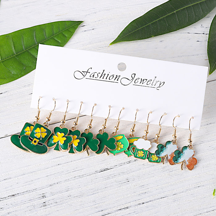 Wholesale Saint Patrick' s Day Green Clover Earring Set 6 Pairs Fashion Jewelry Accessory