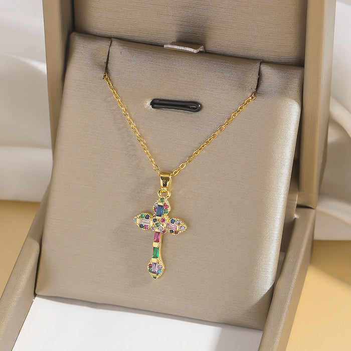 Wholesale Fashion colored zircon cross necklace, niche design accessory, collarbone chain