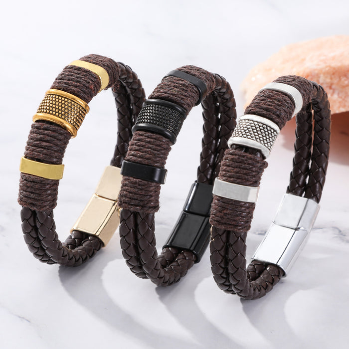 Wholesale Hand string double-layer retro alloy cowhide woven bracelet, fashionable men's leather magnetic buckle bracelet