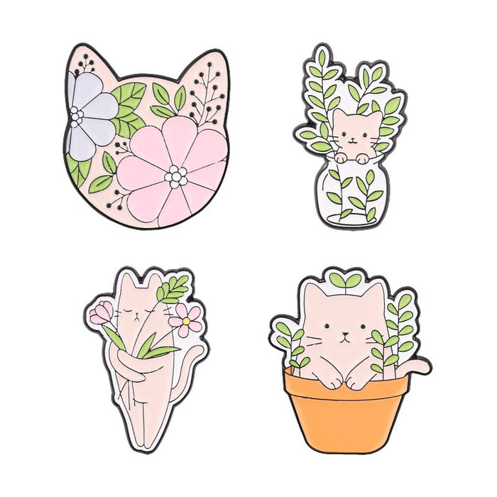 Wholesale Chic Zinc Alloy Cat Floral Brooch Pin Cartoon Potted Plant Enamel Badge Trendy Fashion Accessory