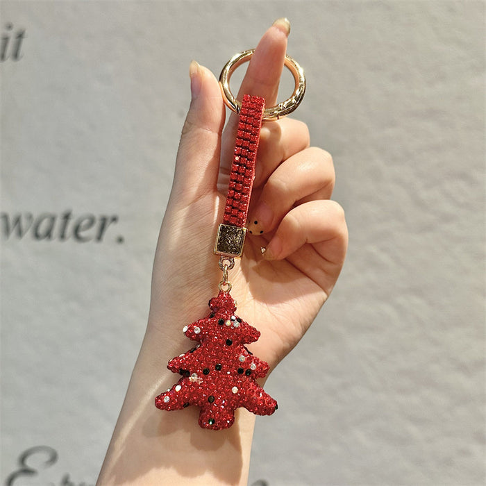 Wholesale Full Rhinestone Christmas Keychain Cartoon Christmas Tree Metal Key Ring