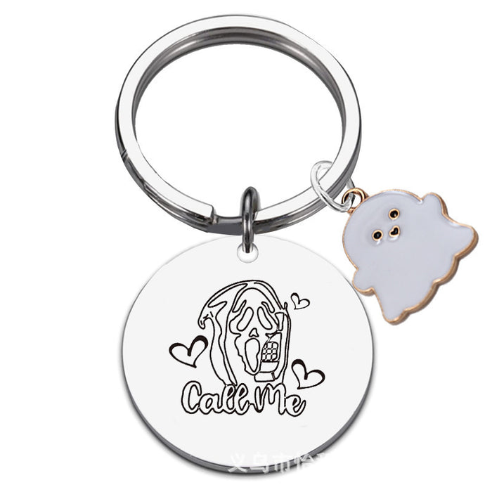 Wholesale  Ghost Stainless Steel Keychain Laser Engraved Round 30mm Gift for Couple Acce MOQ:2ssory