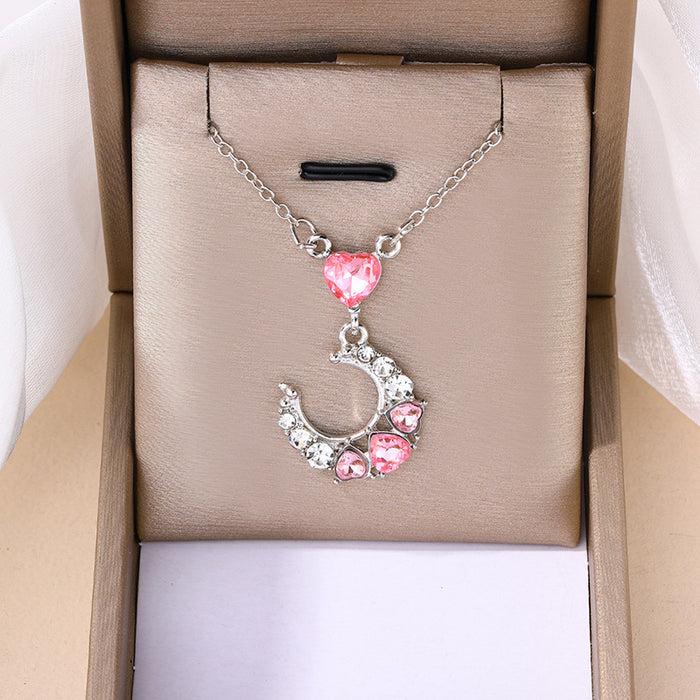 Wholesale Fashion and versatile jewelry with diamond studded heart pendant, personalized and niche alloy moon necklace