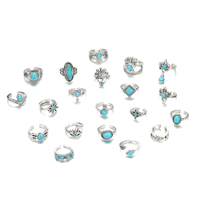 Wholesale Retro Bohemian Turquoise Opening 20-Piece Set Ring