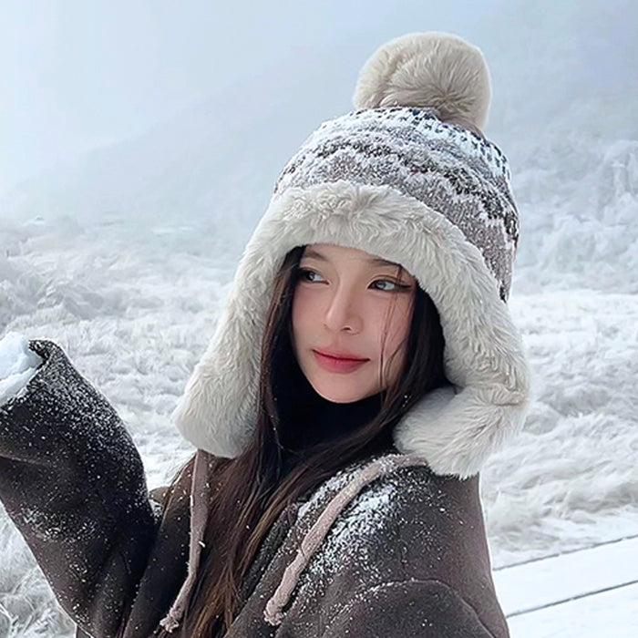 Wholesale Women's autumn and winter knitted woolen hat with warm ear protection and plush snow hat for cold protection