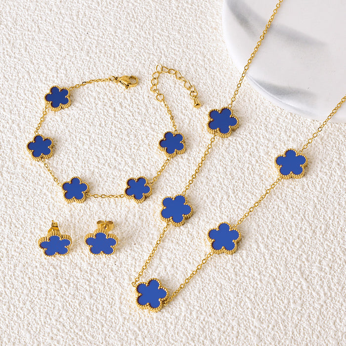 Wholesale Stainless Steel Five-Leaf Clover Bracelet Necklace Earring Set