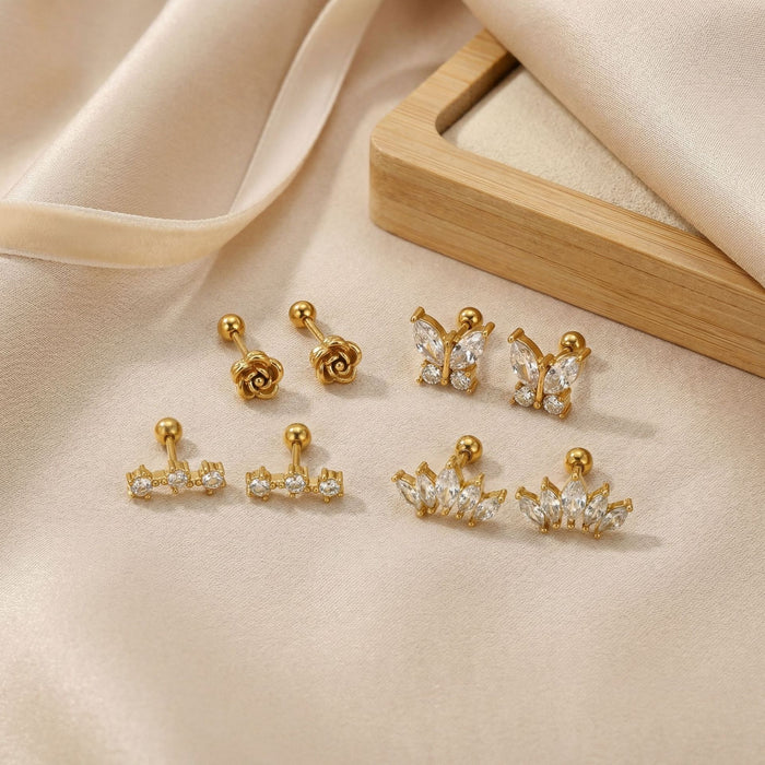 Wholesale Stainless steel Gold-Tone Stud &  Cartilage Earring Combination Zircon Earring Set