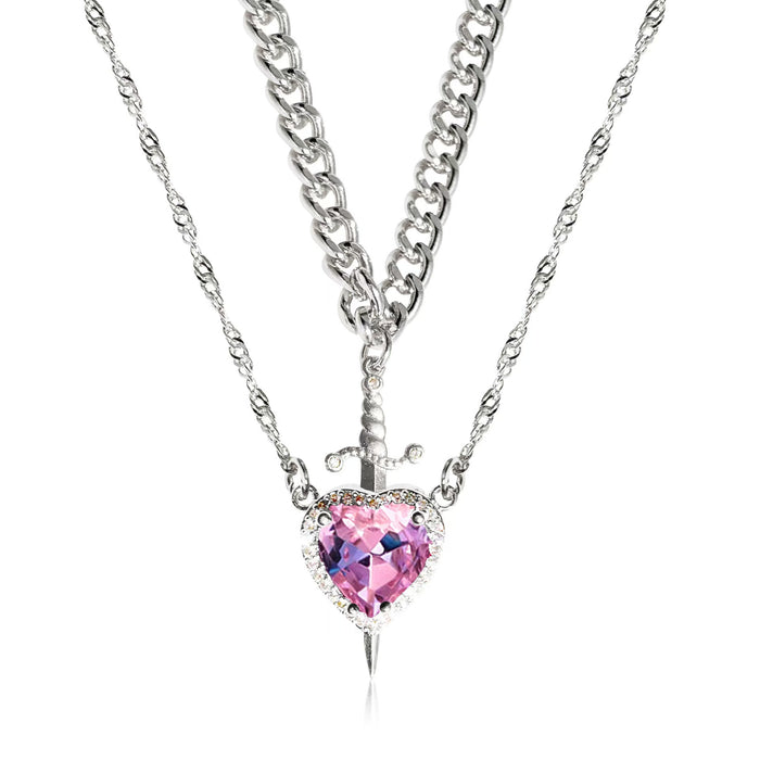Wholesale Valentine' s Day Diamond-Encrusted Heart-Shaped Dagger Couple Pendant Set Clavicle Necklace