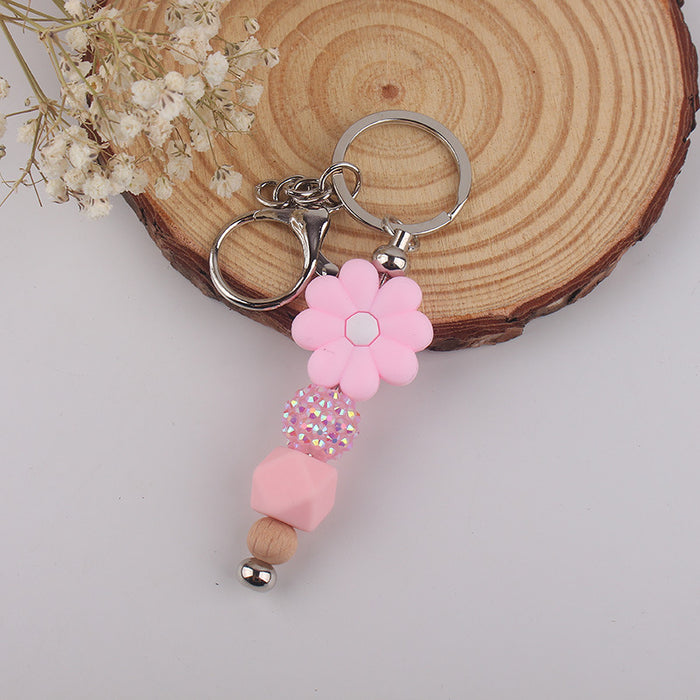 Wholesale Begonia  Flower Beaded Tassel Keychain Pendant Silicone Beads Handmade Bag Decoration Hanging