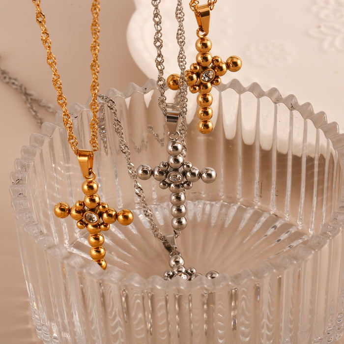 Wholesale New minimalist retro stainless steel round bead cross necklace with zircon light luxury style accessories color preservation wholesale