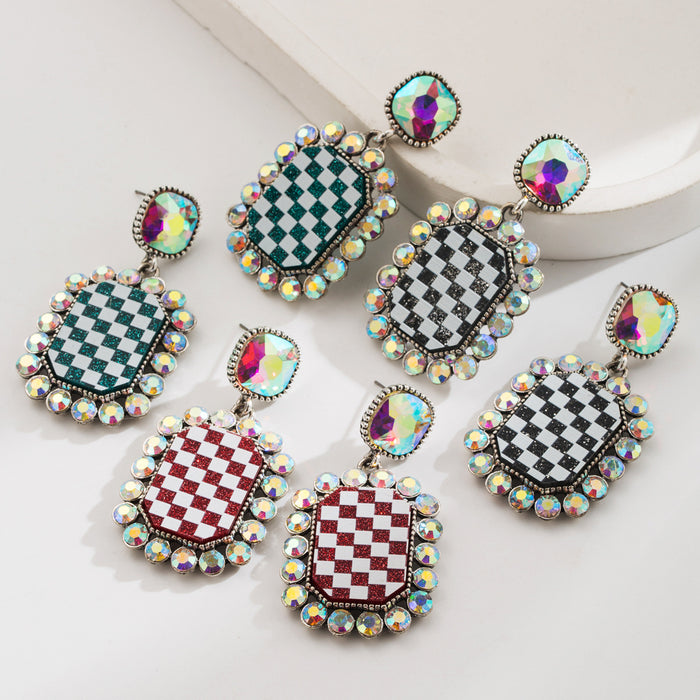 Wholesale Rhinestone-studded checkered alloy square stud earrings
