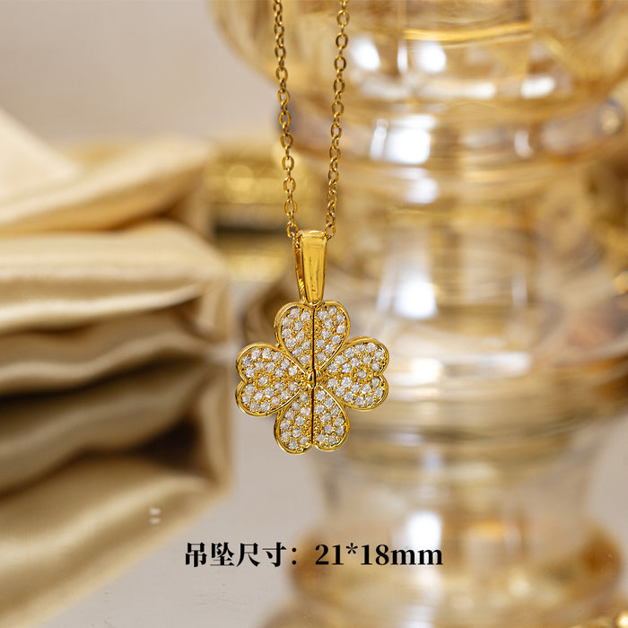 Wholesale Four-Leaf Clover Necklace Women' s Micro-Inlaid Gold Electroplated Pendant