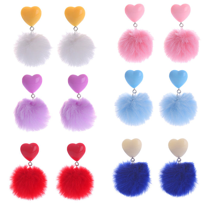 Wholesale Cute imitation rabbit fur heart-shaped earrings with candy colored plush pendant earrings