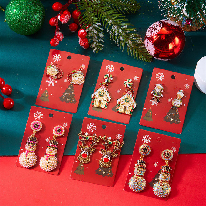 Wholesale Christmas element earrings cartoon full bead snowman earrings inlaid with diamonds light luxury holiday earrings