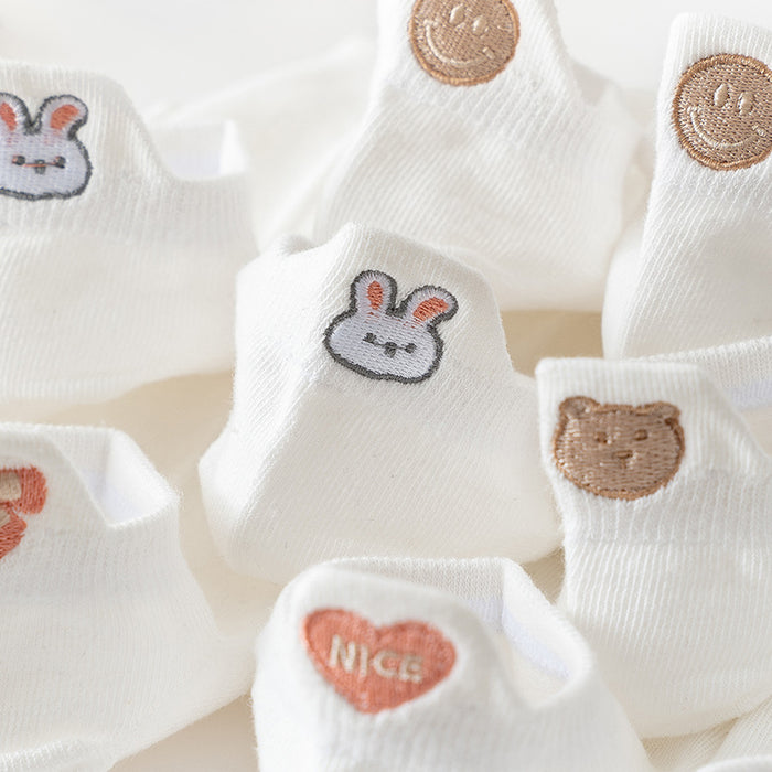 Wholesale Embroidered socks with heart-shaped heel, shallow socks, cotton socks, cute low cut, smiling face, bow socks