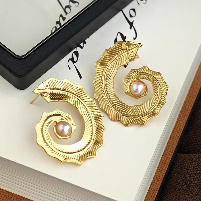 Wholesale Retro conch pearl titanium steel earrings with simple spiral texture, light luxury, fashionable personality, trendy earrings
