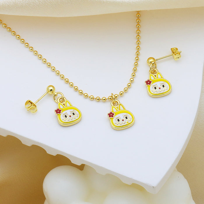 Wholesale Cartoon Pendant Necklace Ball Chain Brass Oil Drop Cute Earrings Lucky Cat Set