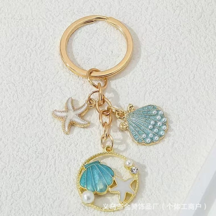 Wholesale Ocean shell keychain alloy oil drop pearl starfish pendant girls bag car ornaments small gift