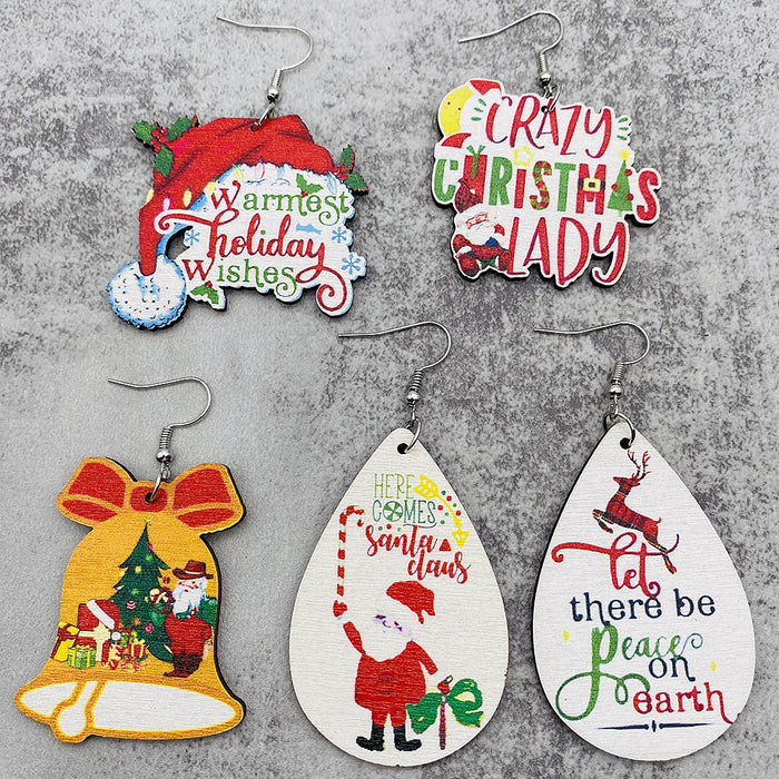 Wholesale  Bell Elk Printed Wooden Christmas Earrings