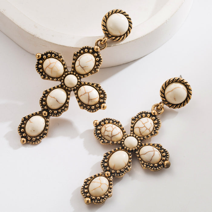 Wholesale Oval Statement Earrings with White Powder Turquoise Cross Inlay