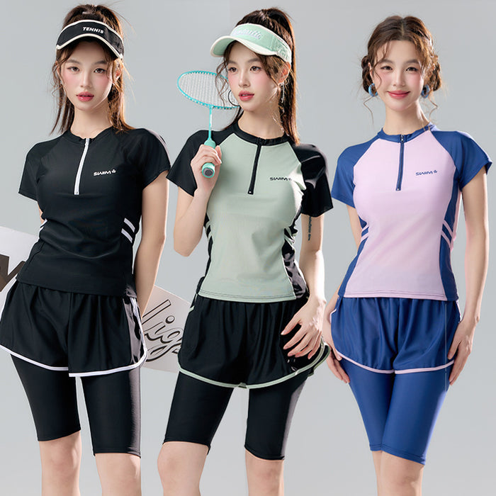 Wholesale Swimsuit two-piece set with five piece pants, sporty and conservative color blocking