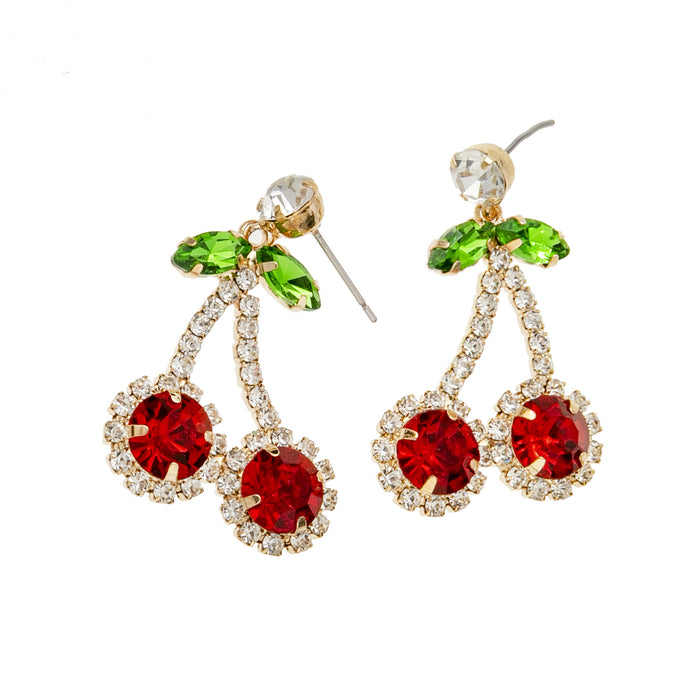 Wholesale Red rhinestone cherry pendant earrings for women, fashionable design, full diamond claw chain jewelry wholesale